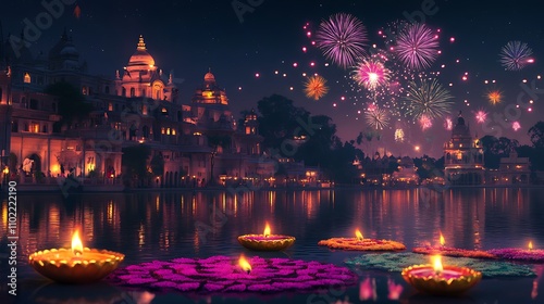 Vibrant diyas floating on water with a backdrop of fireworks illuminating a festive night photo