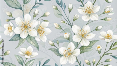 Watercolor White Jasmine Flower Seamless Pattern, Floral, Botanical ,jasmine, flower, seamless, pattern