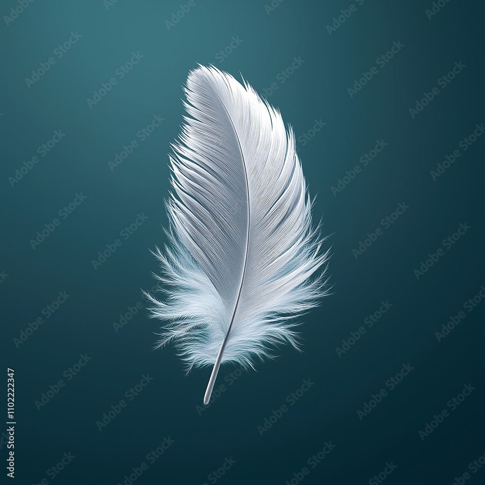 A floating white feather displays intricate details, drifting gently in a calm environment A floating white feather displays intricate details, drifting gently in a calm environment