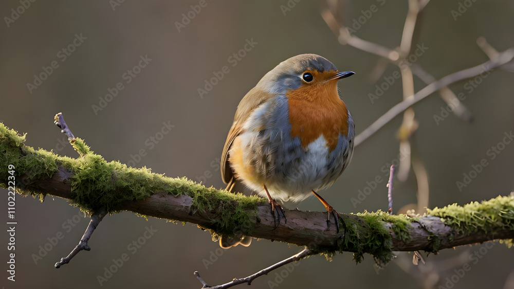 A European robin perched gracefully on a single, slender branch. Its soft orange-red breast contrasts beautifully with its brown and grey plumage. Ai A European robin perched gracefully on a single, slender branch. Its soft orange-red breast contrasts beautifully with its brown and grey plumage. Ai