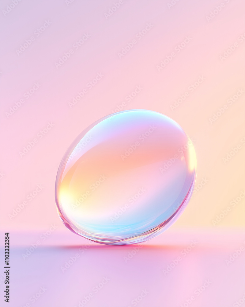 Abstract iridescent sphere with soft pastel hues of pink, blue, and yellow, floating against a smooth gradient background. Minimalist and dreamy design concept.