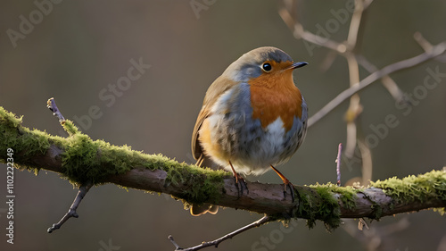 A European robin perched gracefully on a single, slender branch. Its soft orange-red breast contrasts beautifully with its brown and grey plumage. Ai