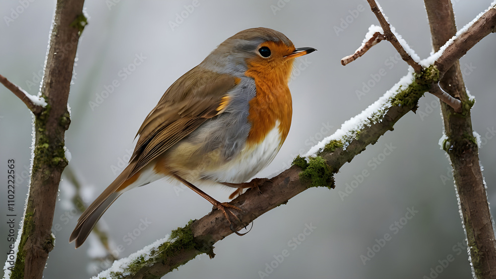 A European robin perched gracefully on a single, slender branch. Its soft orange-red breast contrasts beautifully with its brown and grey plumage. Ai A European robin perched gracefully on a single, slender branch. Its soft orange-red breast contrasts beautifully with its brown and grey plumage. Ai