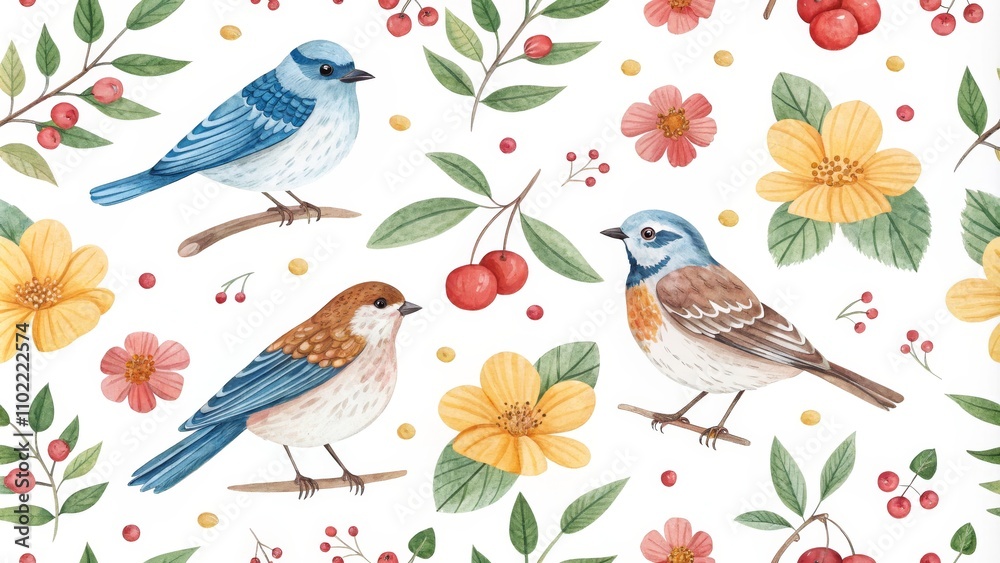 Watercolor Seamless Pattern with Birds, Berries and Flowers, floral pattern, bird pattern Watercolor Seamless Pattern with Birds, Berries and Flowers, floral pattern, bird pattern