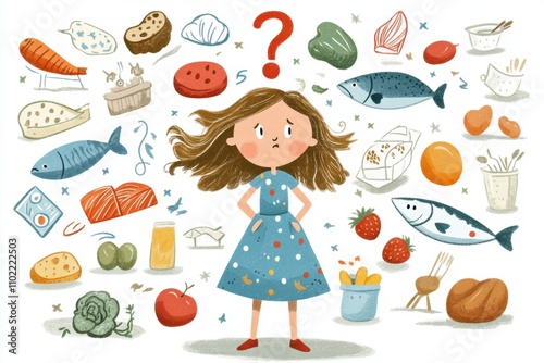 An illustrated girl stands surrounded by various foods, symbolizing confusion about dietary choices, allergies, or nutritional decisions.
