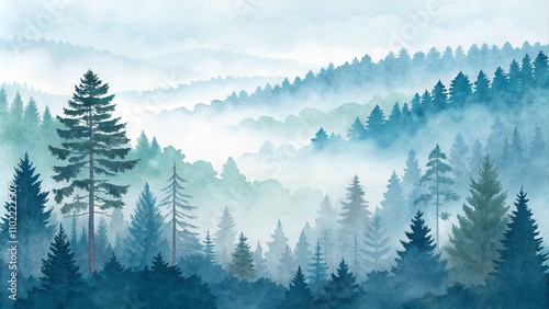 Watercolor Silhouettes of a Misty Forest, Abstract Painting, Forest Landscape, Watercolor Art, Nature , Fog