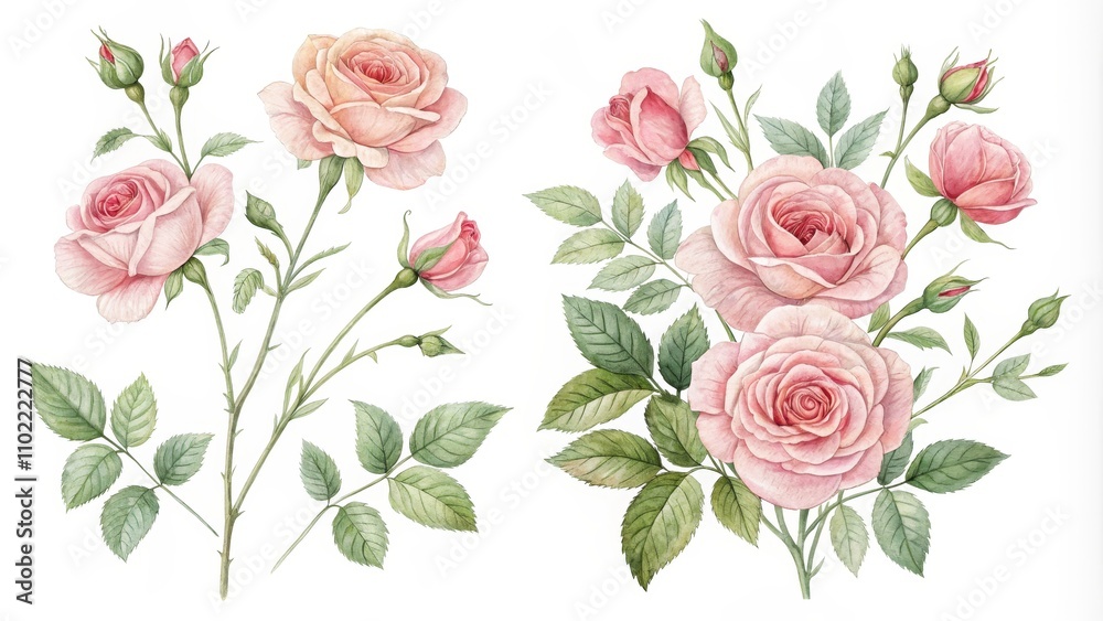 Naklejka premium Watercolor Pink Rose Bouquet, Botanical Illustration, Floral Art, Flowers, Watercolor , rose, botanical