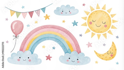 Watercolor Rainbow with Cute Clouds, Sun and Moon, Watercolor Illustration, Nursery Decor, Baby Shower, Nursery Art, Rainbow Art