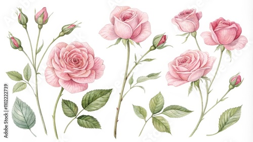 Watercolor Pink Roses with Buds and Leaves, Botanical, Floral ,flower, rose