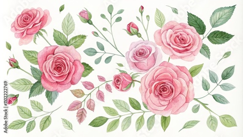 Wallpaper Mural Watercolor Pink Roses and Green Leaves, Floral Clipart, Botanical Illustration, Roses, Watercolor ,flowers, botanical Torontodigital.ca