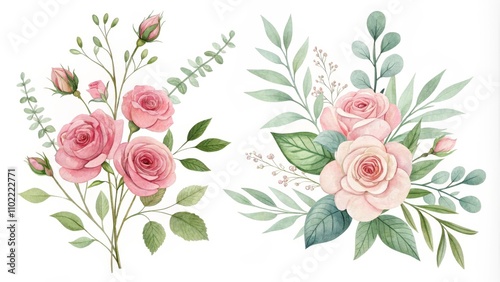 Wallpaper Mural Watercolor Pink Rose and Eucalyptus Floral Arrangement, Watercolor Flowers, Floral Clipart, Wedding Flowers, Floral Design, Floral Illustrations, Botanical Art Torontodigital.ca