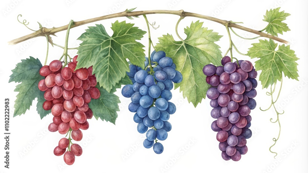 Watercolor Painting of Three Grapes on a Vine, Watercolor Painting, Grapes , Vine Watercolor Painting of Three Grapes on a Vine, Watercolor Painting, Grapes , Vine