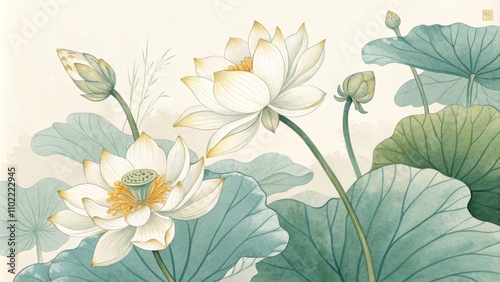 Wallpaper Mural Watercolor Painting of White Lotus Blossoms with Green Leaves, Asian Art, Lotus Flower Torontodigital.ca