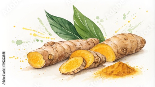 Fototapeta Naklejka Na Ścianę i Meble -  Watercolor Painting of Turmeric Root, Slices, and Powder, Spice, Herbal ,turmeric, spice
