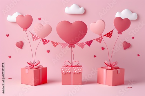 A gift box with a heart balloon floating in the sky, designed as Happy Valentine's Day banners in paper art style