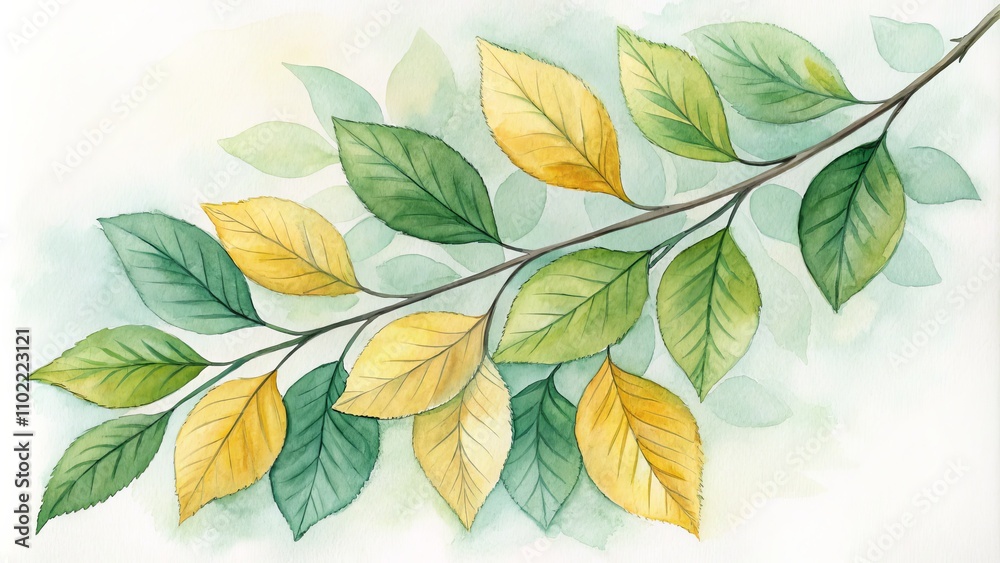 Obraz premium Watercolor Painting of Green and Yellow Leaves on a Branch, autumn , foliage
