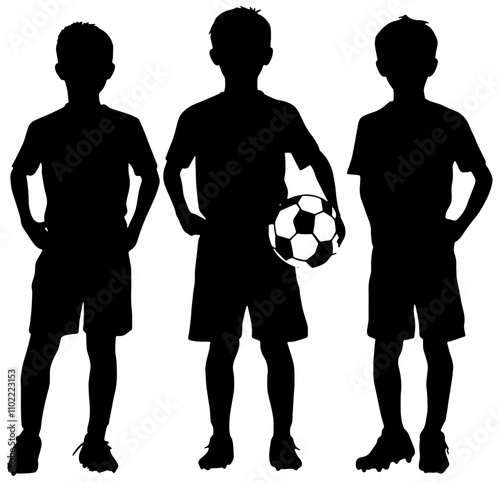 Silhouette of three young soccer players with soccer ball, isolated. 