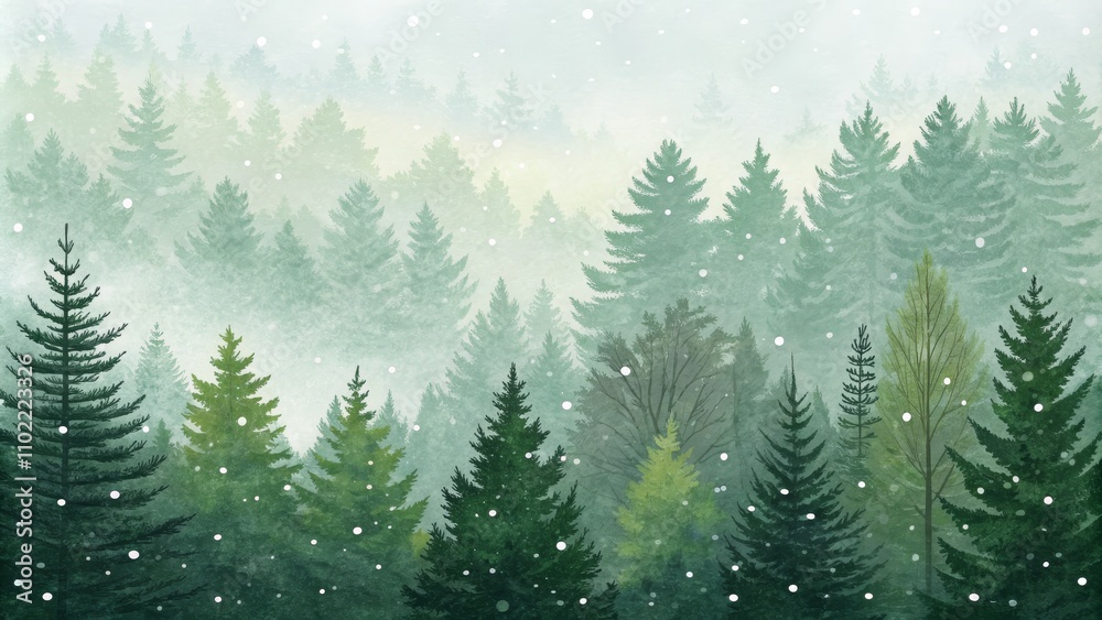 Fototapeta premium Watercolor Painting of a Snowy Forest with Silhouetted Trees, Winter Wonderland, Forest, Snow