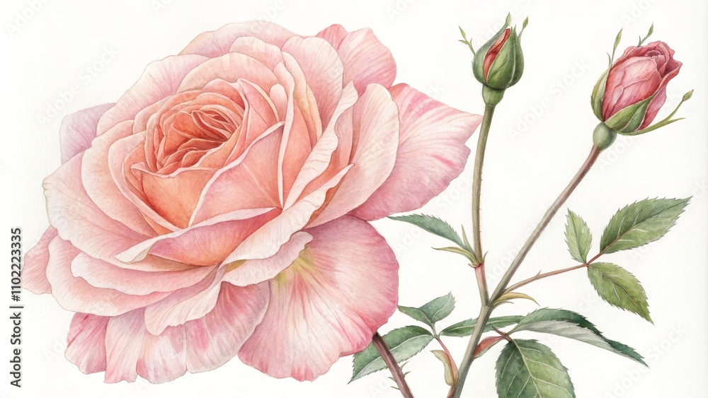 Fototapeta premium Watercolor Painting of a Delicate Pink Rose with Buds, floral, botanical art, rose painting, watercolor art