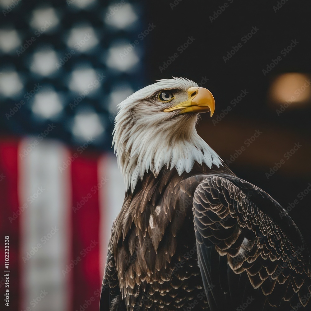 Obraz premium A Bald Eagle stands proudly with the American flag in the background.
