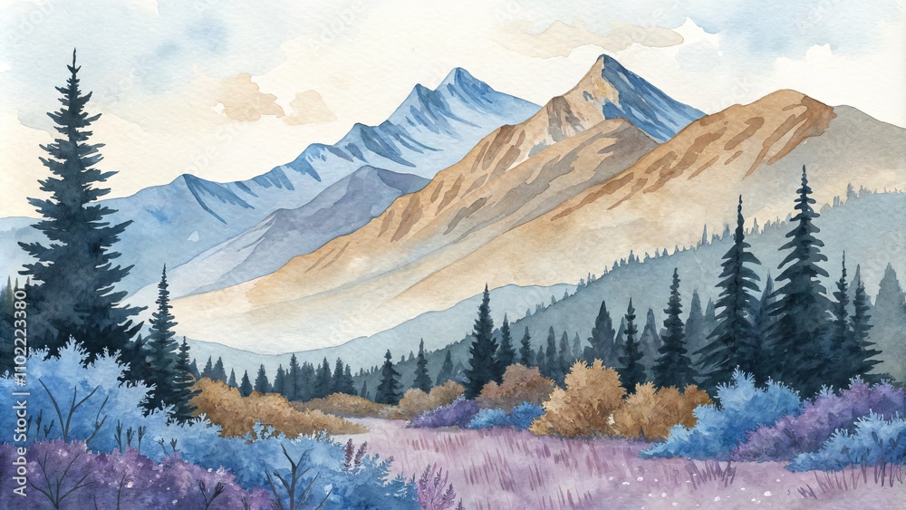 Fototapeta premium Watercolor Mountain Landscape with Pine Trees, Blue and Brown Tones, Watercolor Art, Nature Painting, Mountains, Landscape, Nature