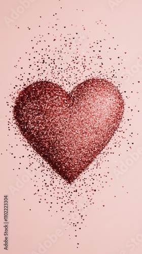 A glitter heart breaking into pieces on a pink background, symbolizing love, Valentine's Day, and a broken heart.