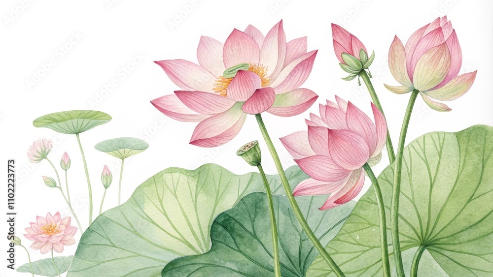 Watercolor Illustration of Pink Lotus Flowers and Leaves, Lotus Flower, Water Lily Watercolor Illustration of Pink Lotus Flowers and Leaves, Lotus Flower, Water Lily
