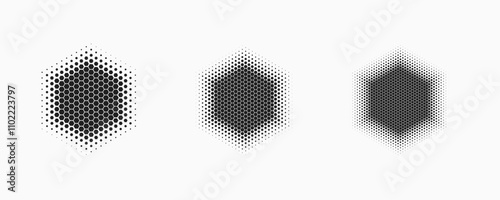 Set of dotted abstract shapes. Hexagonal halftone pattern. Half tone design elements in geometric tech style for logo, banner, web page, print, poster, business cards and template.