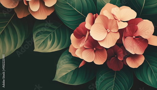 Floral illustration with hydrangea, for your design. Floral graphic with flowers place for text.