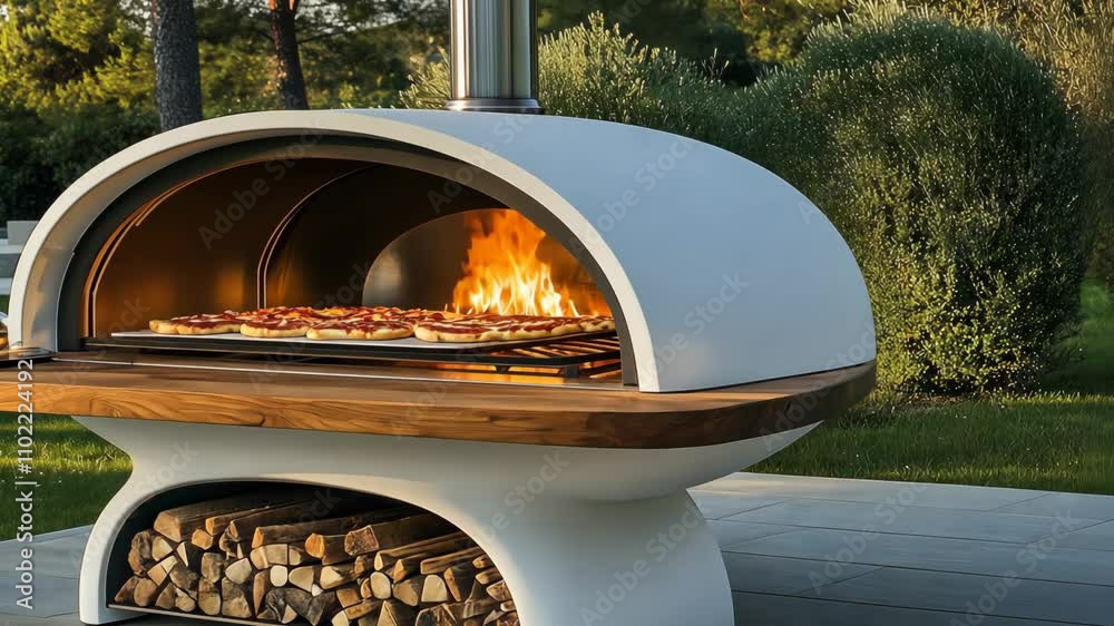Outdoor pizza oven with burning flame and pizzas in the garden during sunset