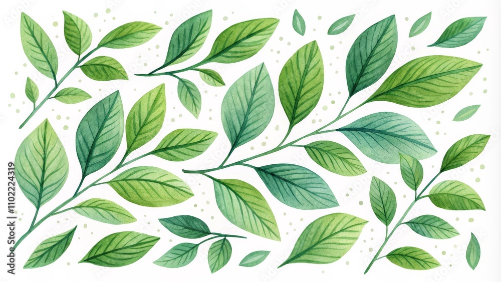 Watercolor Green Leaves on White Background, Leaf Pattern, Botanical Art, Watercolor Illustration, Nature, Floral Design, Greenery Watercolor Green Leaves on White Background, Leaf Pattern, Botanical Art, Watercolor Illustration, Nature, Floral Design, Greenery