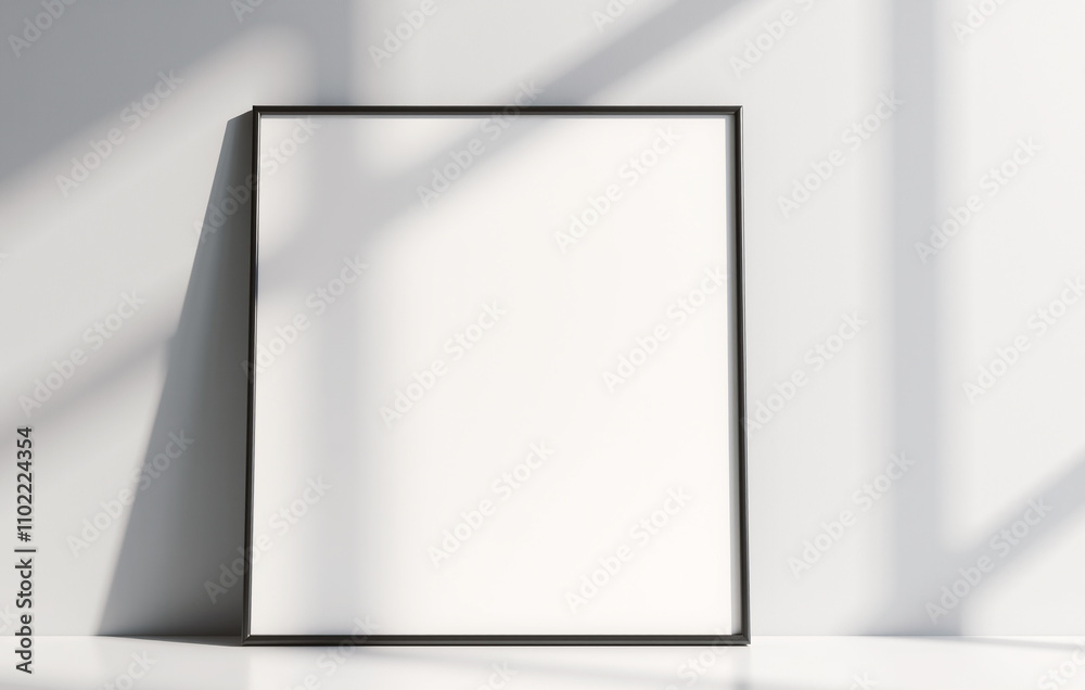 A blank picture frame with a thin black border is positioned on a light gray wall A blank picture frame with a thin black border is positioned on a light gray wall