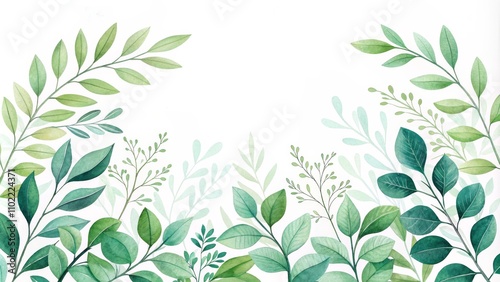 Watercolor Green Leaves Border, Floral, Nature, Frame, Background, Design, Greenery