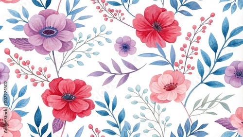 Wallpaper Mural Watercolor Floral Seamless Pattern with Pink, Red, and Blue Flowers, Leaves and Berries, floral, pattern Torontodigital.ca