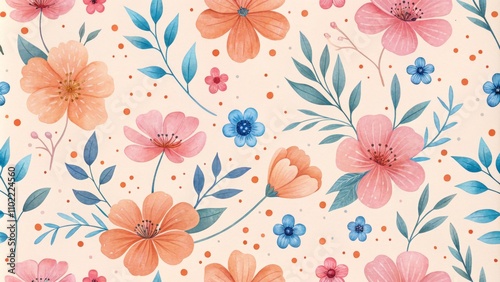 Wallpaper Mural Watercolor Floral Seamless Pattern with Peach and Pink Flowers on Beige Background, seamless pattern, floral design Torontodigital.ca