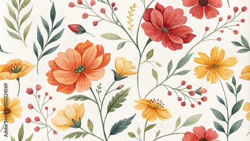 Wallpaper Mural Watercolor Floral Seamless Pattern with Orange and Yellow Flowers, Green Leaves, and Red Berries, Seamless Pattern, Floral Design, Botanical Illustration Torontodigital.ca
