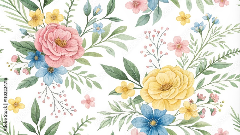 Fototapeta Watercolor Floral Pattern with Pink, Yellow and Blue Flowers on White Background, floral ,pattern