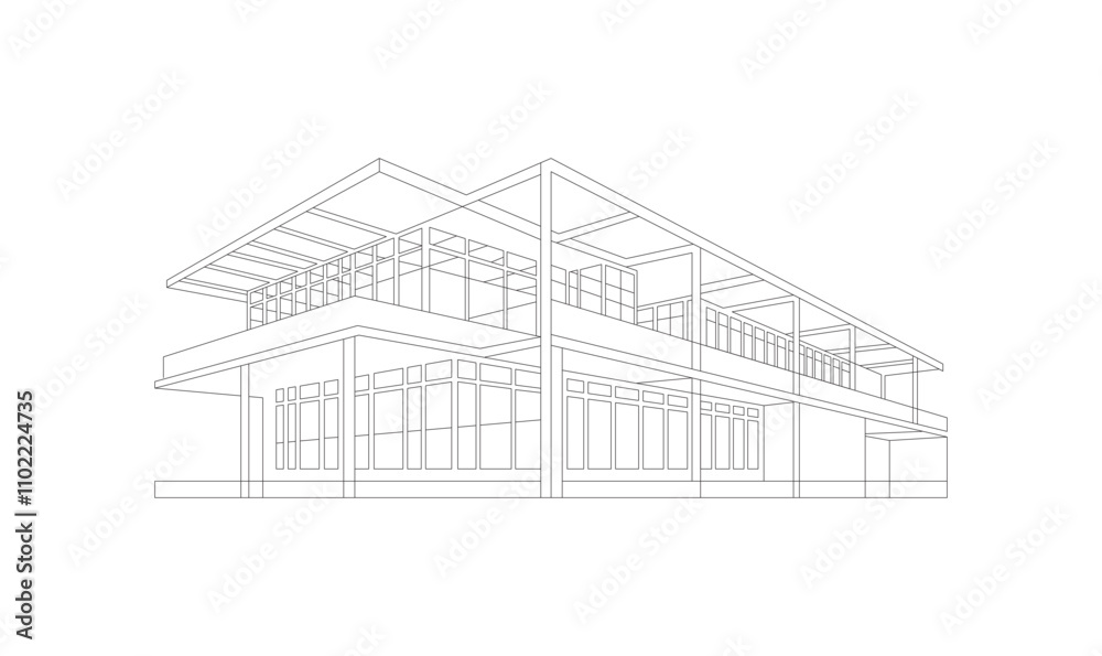 House Building Architectural Outline abstract, modern, urban, building, black and white drawing of imagination 3d vector illustration House Building Architectural Outline abstract, modern, urban, building, black and white drawing of imagination 3d vector illustration
