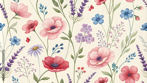 Wallpaper Mural Watercolor Floral Pattern with Pink, Red, and Blue Flowers, Botanical Illustration, Floral Design, Nature, Pattern Torontodigital.ca