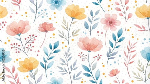 Wallpaper Mural Watercolor Floral Pattern with Delicate Flowers and Leaves, Seamless, Background ,floral pattern Torontodigital.ca