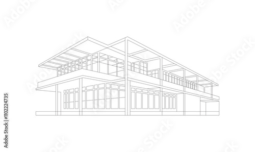 House Building Architectural Outline abstract, modern, urban, building, black and white drawing of imagination 3d vector illustration