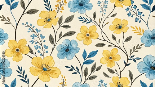 Wallpaper Mural Watercolor Floral Pattern Blue and Yellow Blooms on Cream Background, floral , botanical Torontodigital.ca