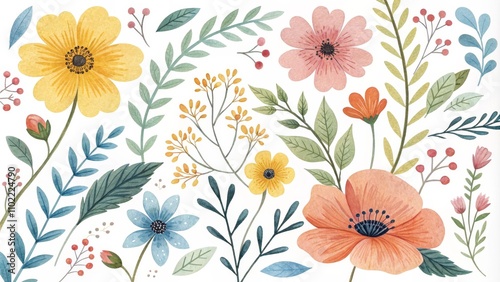 Wallpaper Mural Watercolor Floral Illustration with Yellow, Pink, and Orange Flowers, Watercolor, Floral, Botanical Torontodigital.ca