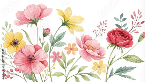 Wallpaper Mural Watercolor Floral Bouquet with Pink, Yellow and Red Flowers, Watercolor Painting, Botanical Illustration, Floral Design, Flower Arrangement, Flower Art Torontodigital.ca