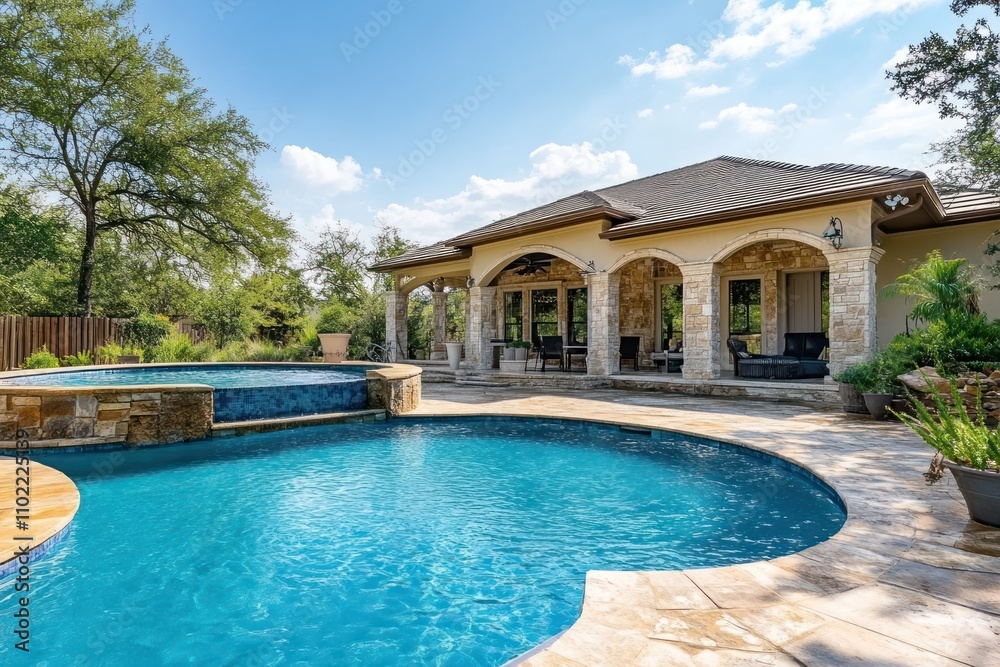 A large, kidney-shaped swimming pool with a waterfall feature sits in a backyard, adjacent to a covered patio with stone pillars and a lounge area. A large, kidney-shaped swimming pool with a waterfall feature sits in a backyard, adjacent to a covered patio with stone pillars and a lounge area.