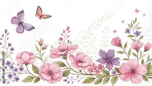 Watercolor Floral Arrangement with Butterflies, Pink Flowers, and Green Leaves, Watercolor, Botanical, Nature ,Flowers