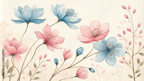Watercolor Floral Arrangement with Blue and Pink Flowers on Beige Background, floral, nature