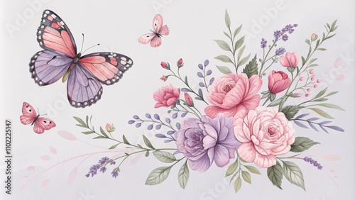 Watercolor Floral Arrangement with Butterflies, Floral, Watercolor, Butterfly