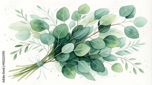 Watercolor Eucalyptus Bouquet with Golden Dots, Watercolor Painting, Floral Art, Green Leaves, Eucalyptus, Botanical Art, Illustration
