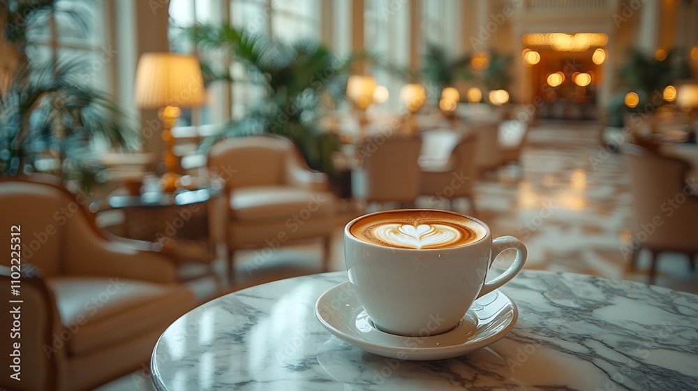 A Cup of Coffee on a Marble Table in an Elegant Hotel Lobby with Luxury Decor and Soft Ambient Lighting A Cup of Coffee on a Marble Table in an Elegant Hotel Lobby with Luxury Decor and Soft Ambient Lighting